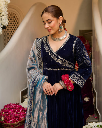 Arzu Blue Embroidered Velvet Suit Set