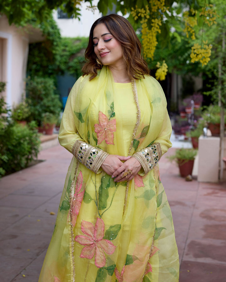 Jaswanti Yellow Handpainted Chanderi Suit Set 