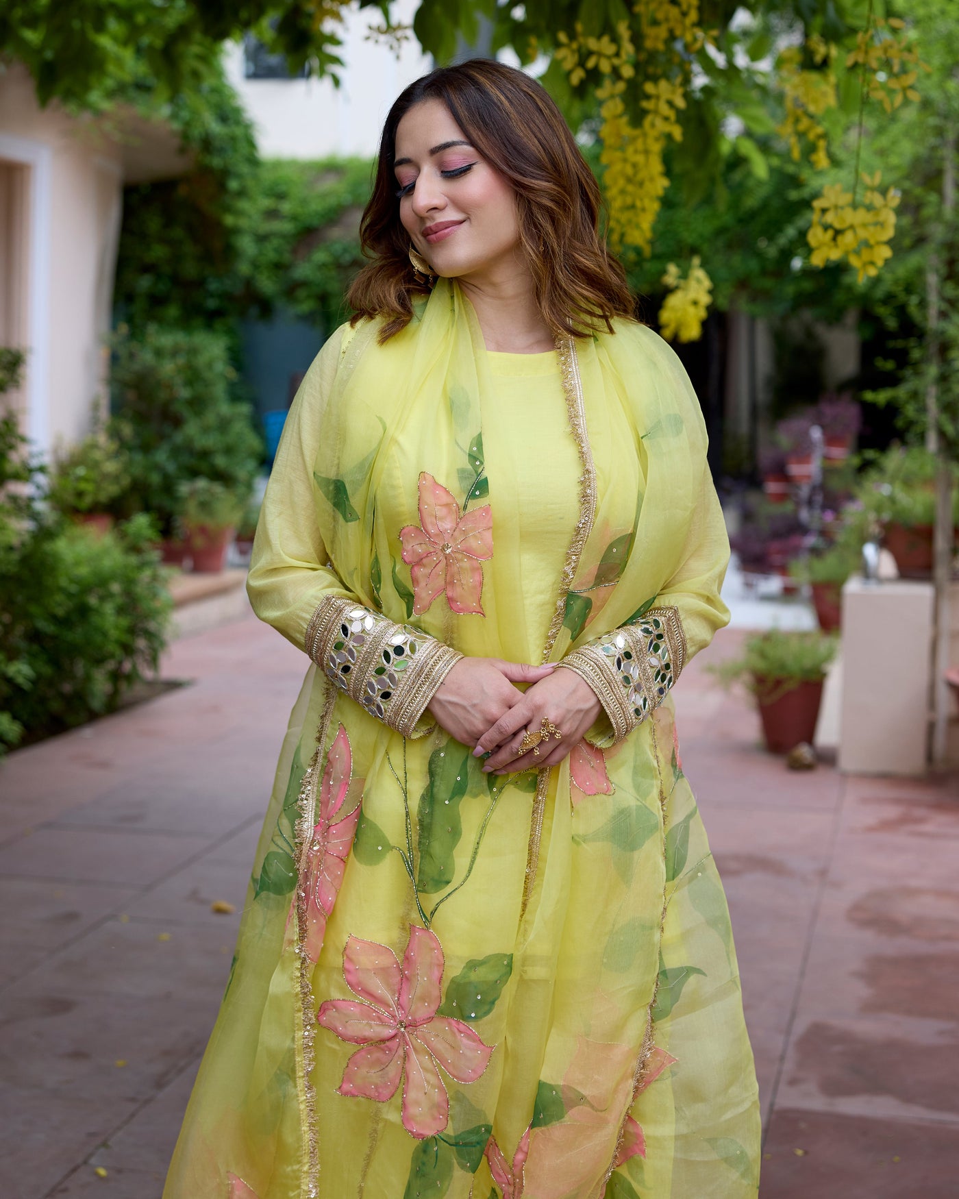 Jaswanti Yellow Handpainted Chanderi Suit Set 