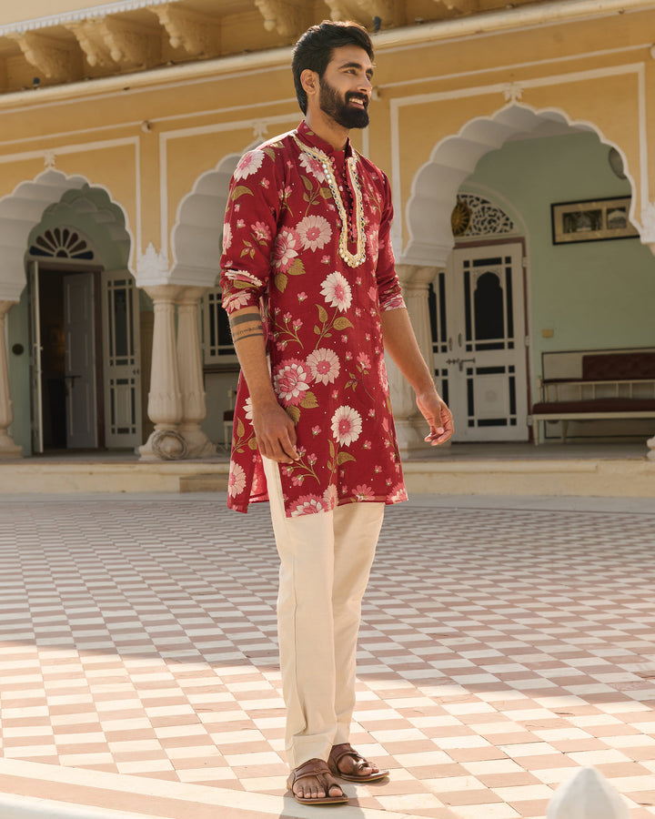 Dev Maroon Printed Chanderi Kurta