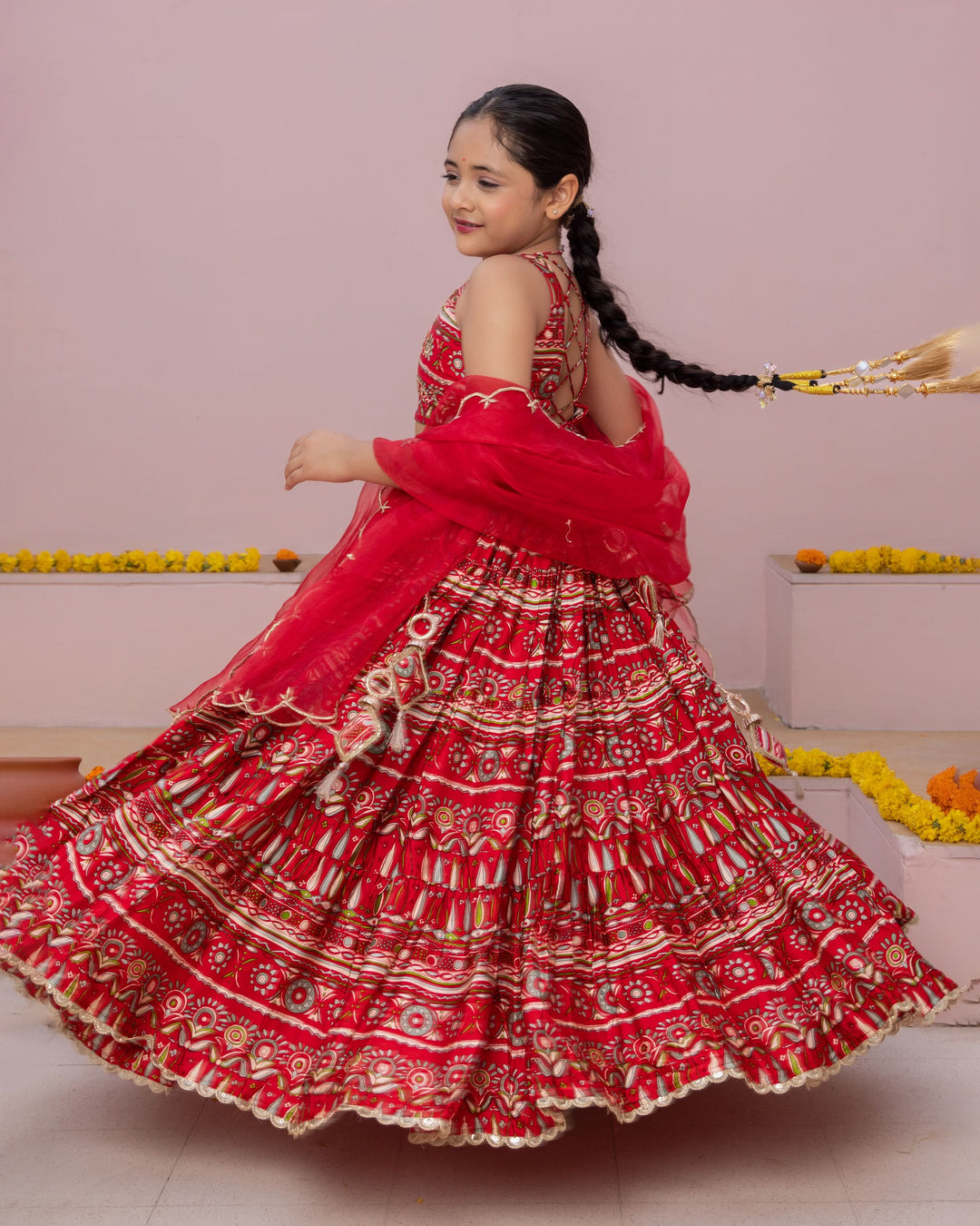 Nashra Red Printed Chanderi Lehenga Set
