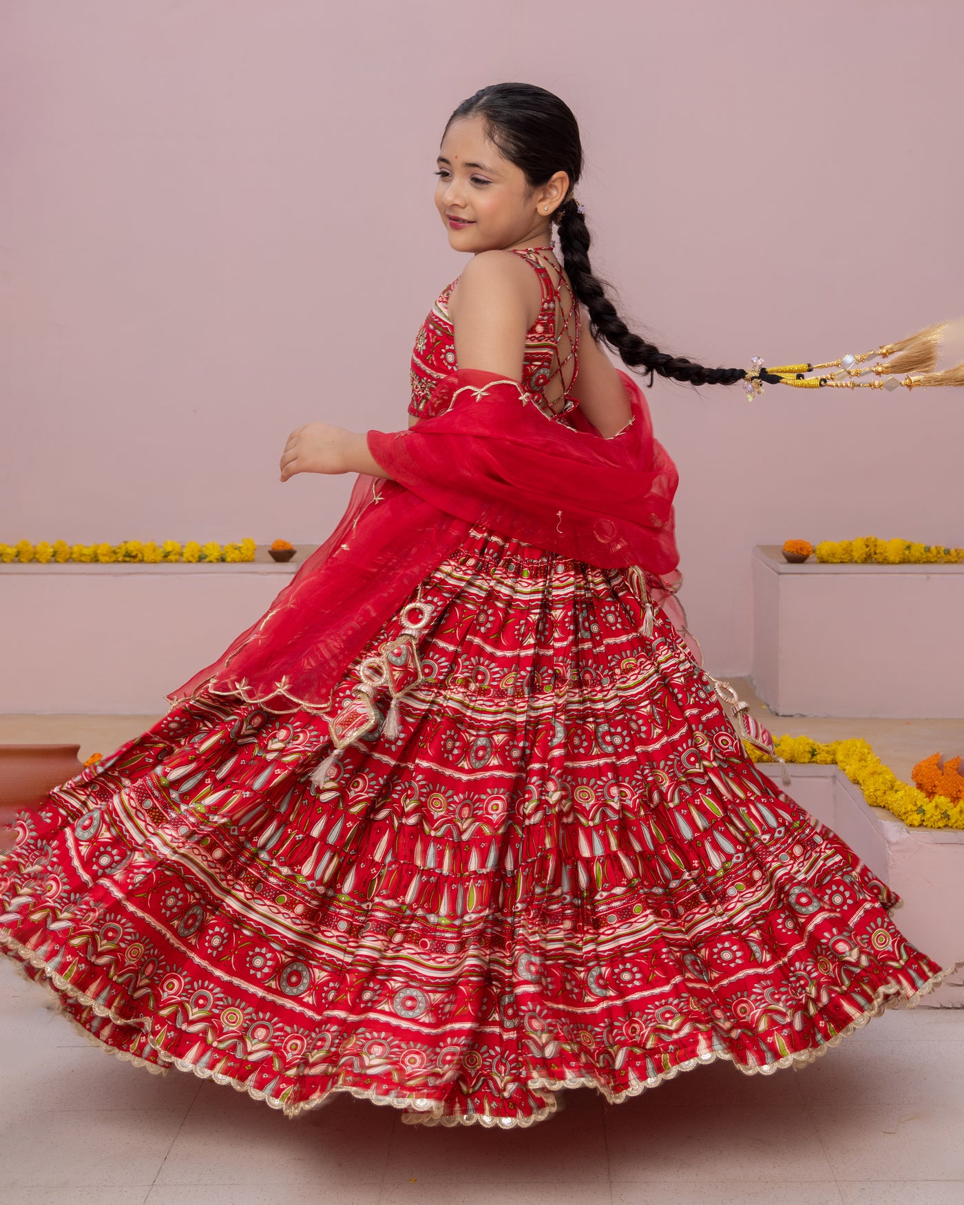 Nashra Red Printed Chanderi Lehenga Set
