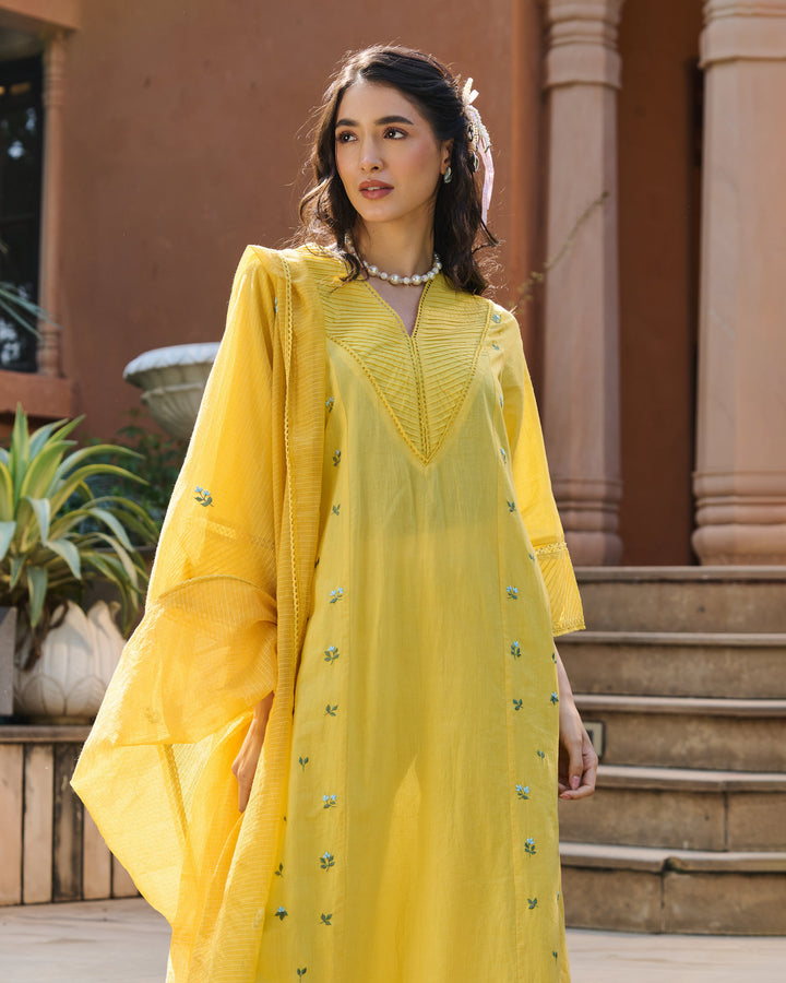 Serein Yellow Embroidered Cotton Suit Set