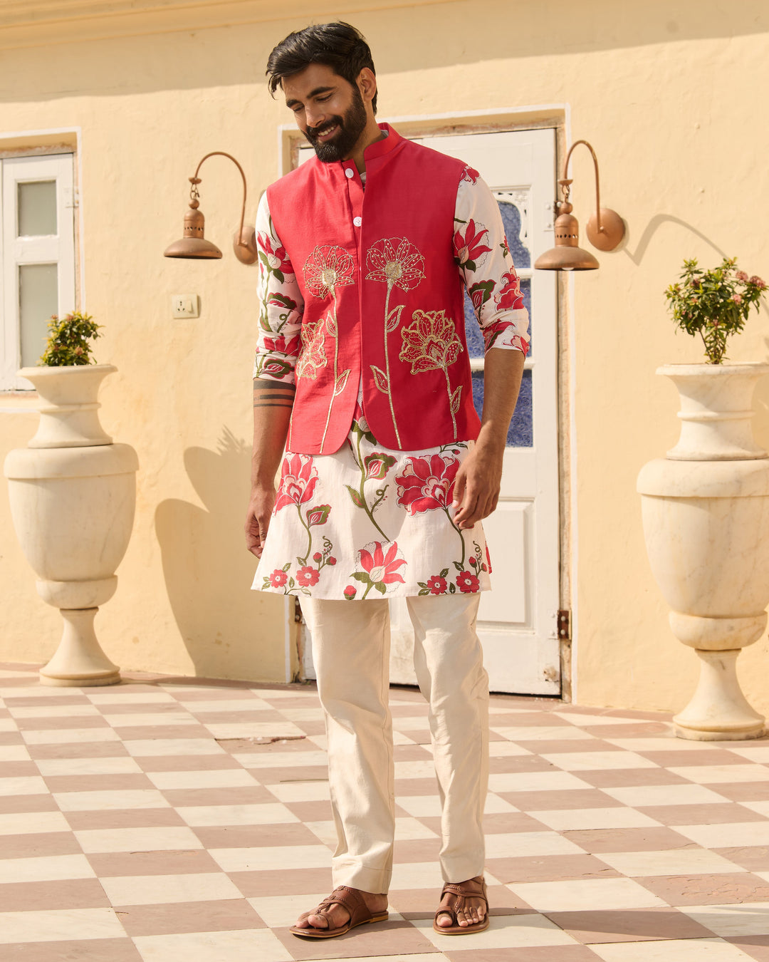 Nirav Pink Embroidered Chanderi Jacket And Printed Kurta Set