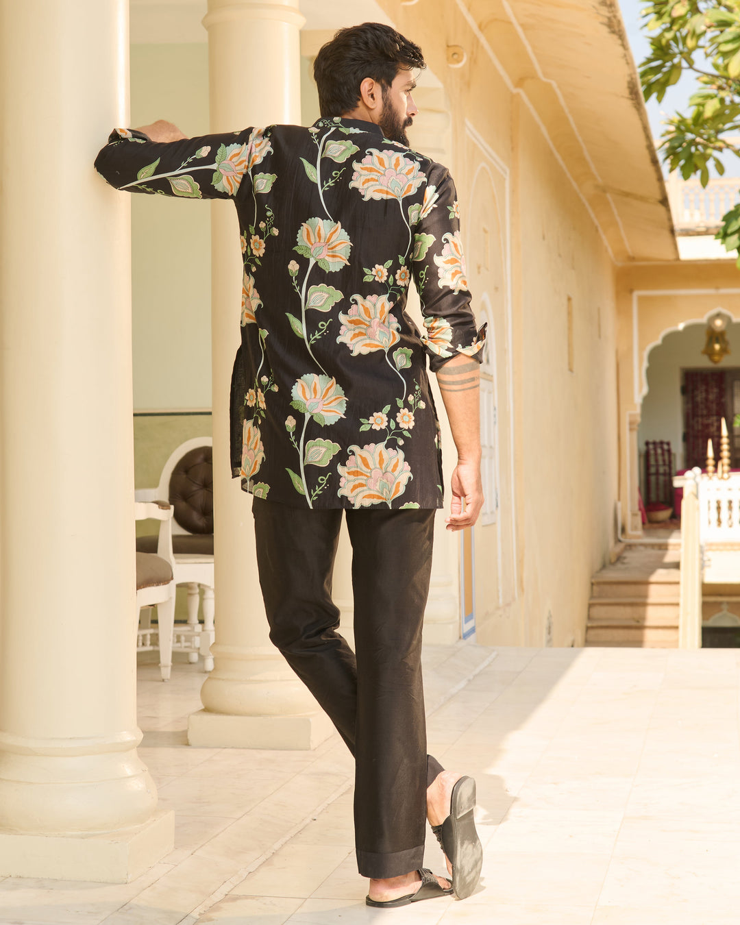 Rudra Black Printed Chanderi Kurta