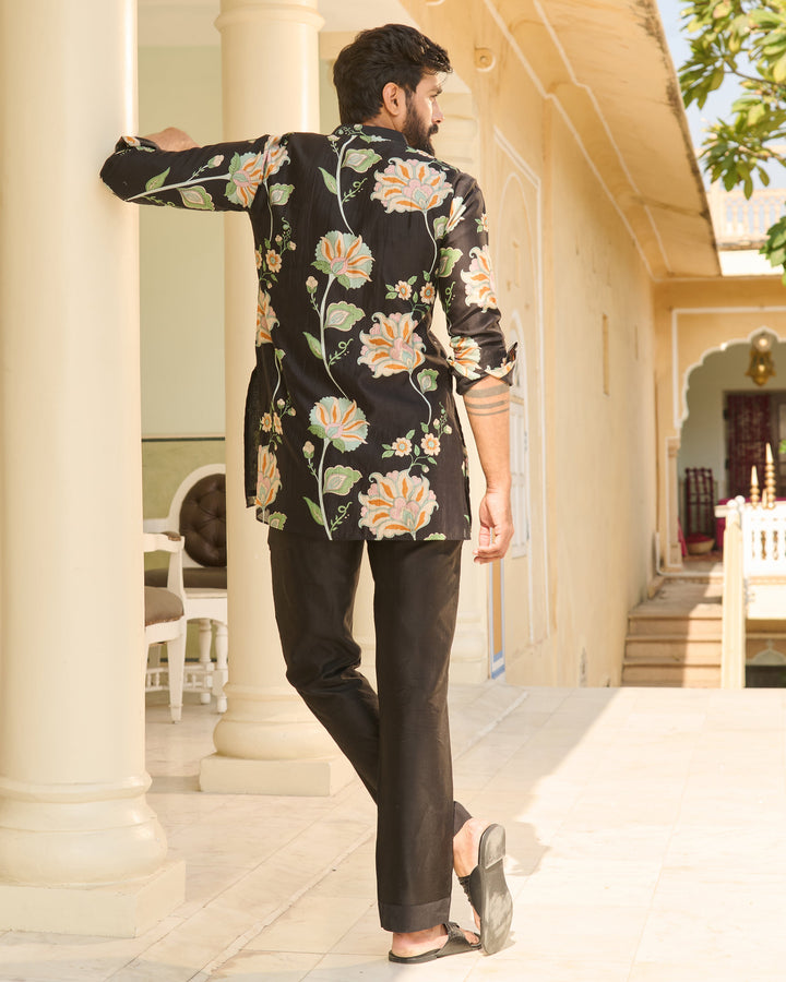 Rudra Black Printed Chanderi Kurta