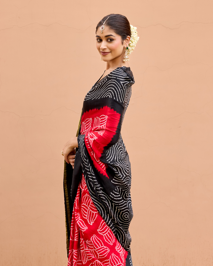 Rate Black Gajji Silk Bandhej Saree