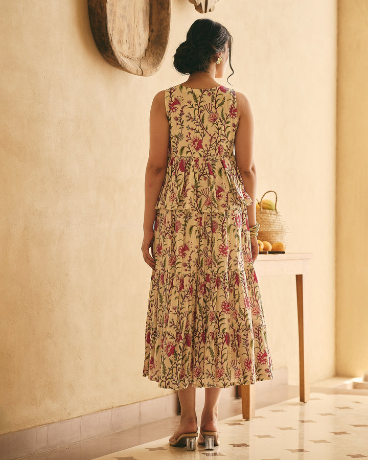 Ramya Beige Cotton Printed Dress