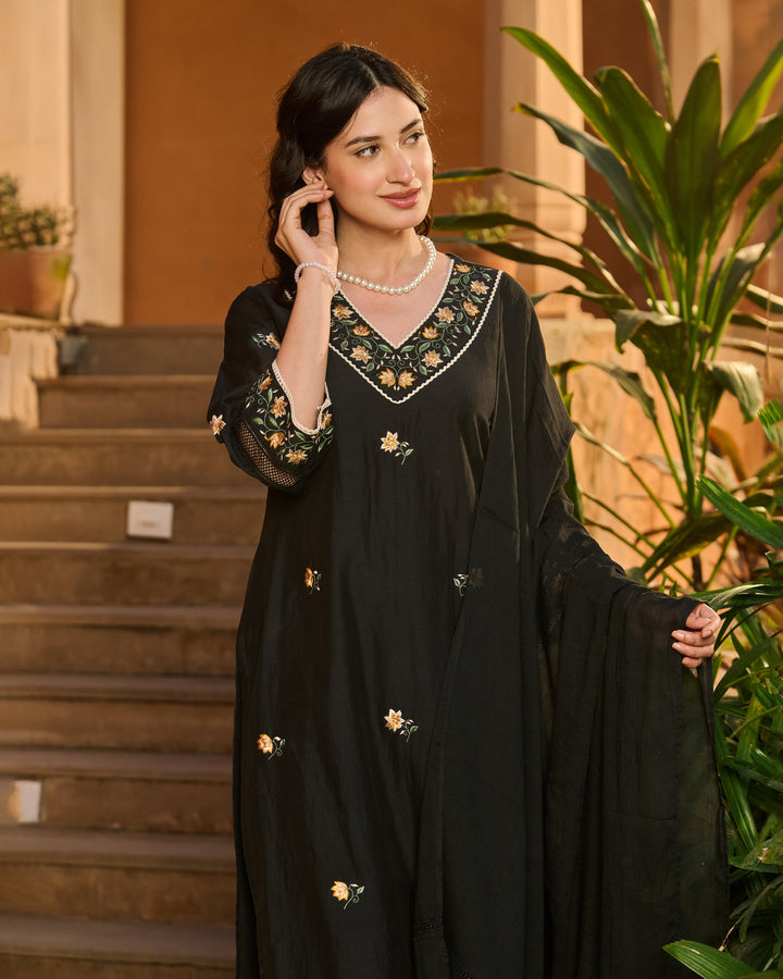Bela Black Embroidered Cotton Suit Set