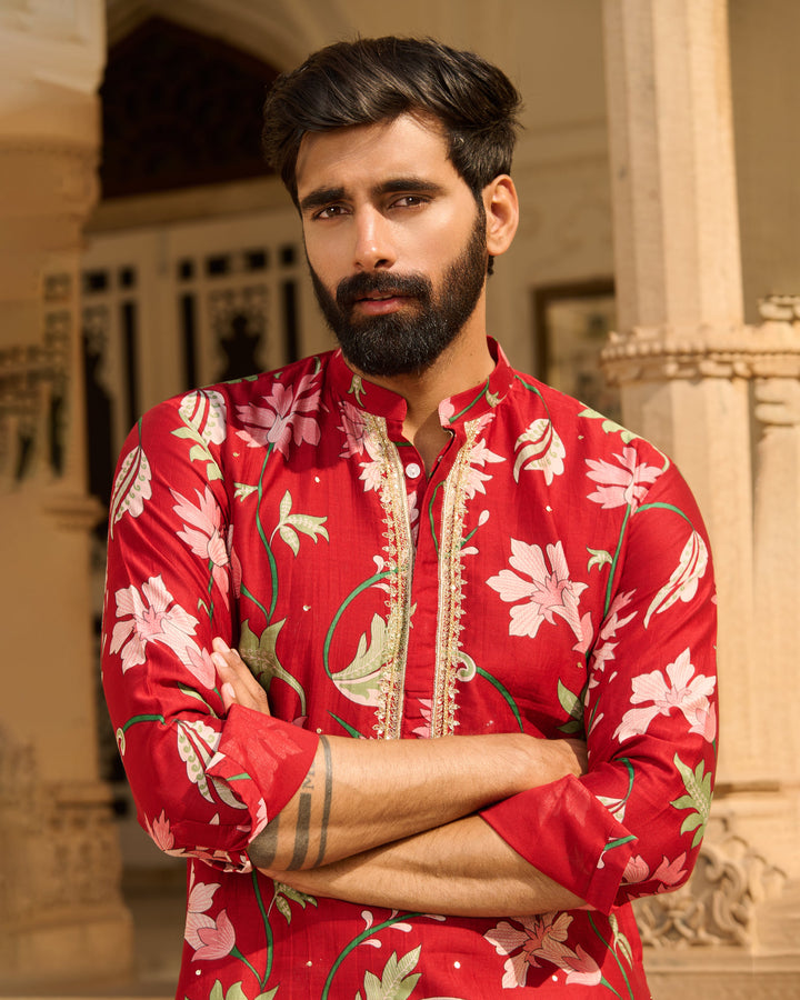 Ekam Red Printed Chanderi Kurta