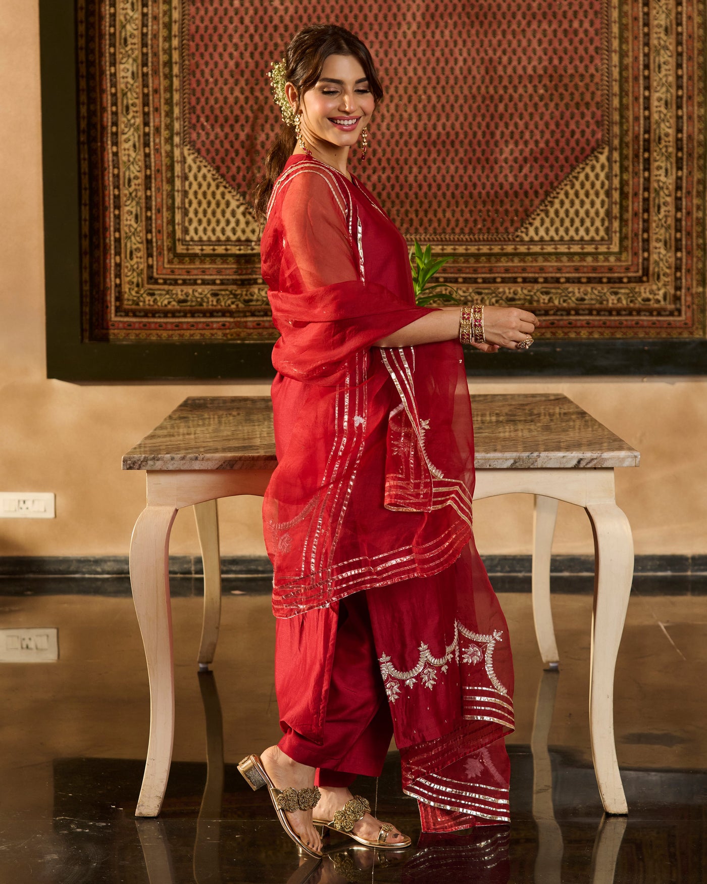 Jugni Maroon Solid Chanderi Suit Set