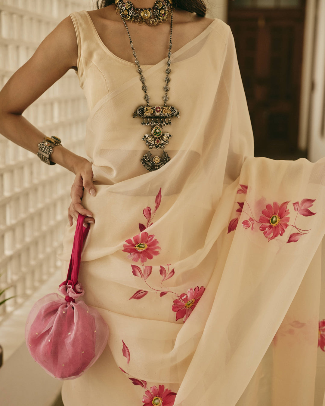 Iraaya Peach Handpainted Chiffon Saree