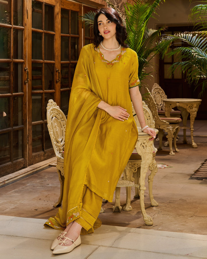 Saaz Mustard Embroidered Chanderi Suit Set