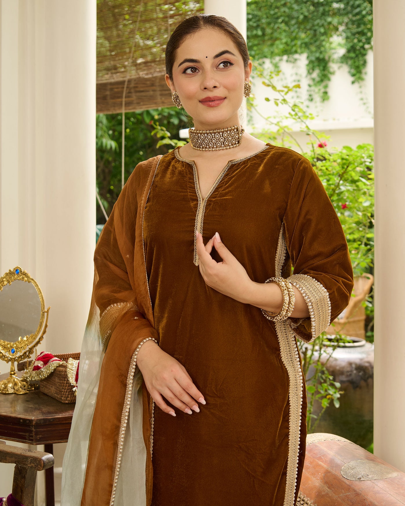 Shaili Mustard Solid Velvet Suit Set