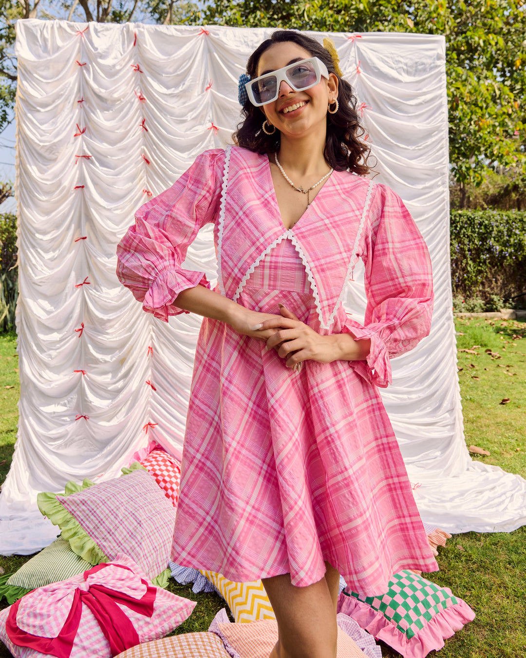 Defne Pink Cotton Checks Dress