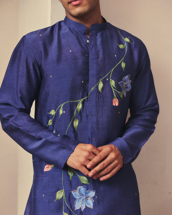 Rivaan Blue Handpainted Silk Kurta