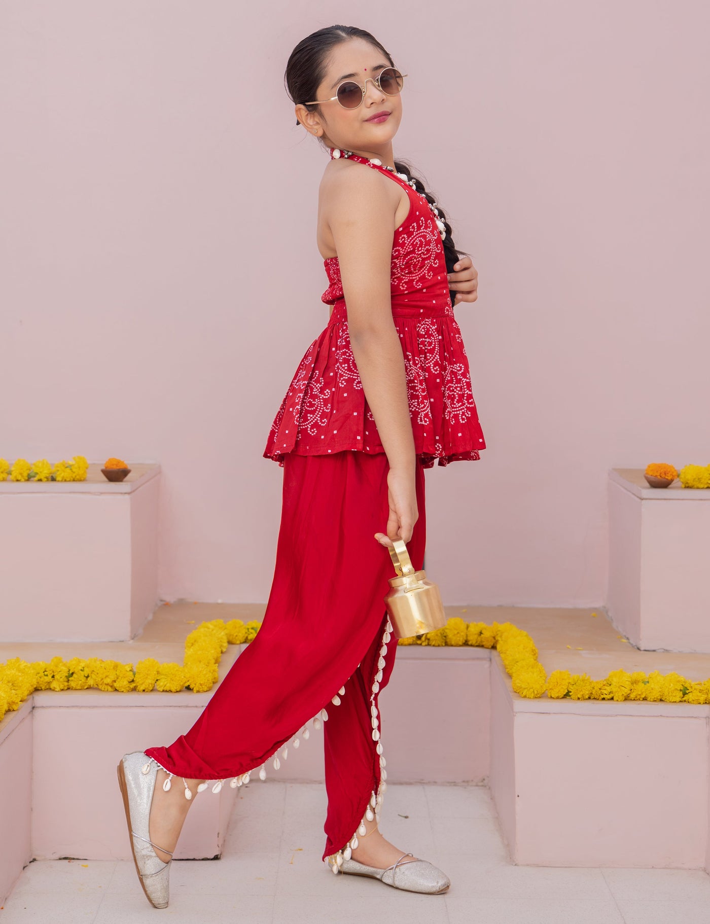 Mrunal Red Bandhani Satin Coord Set
