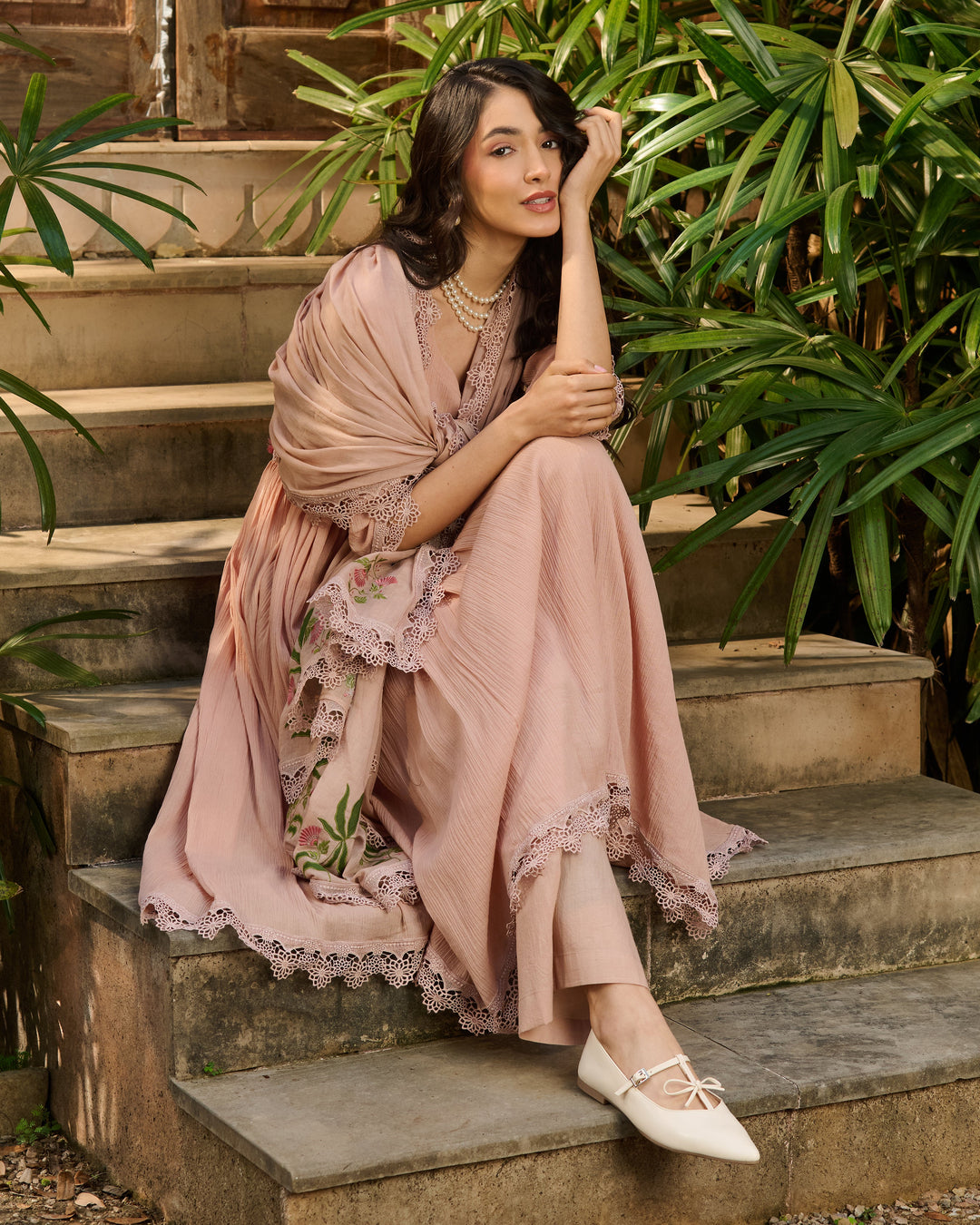 Fizz Beige Embroidered Cotton Crush Suit Set