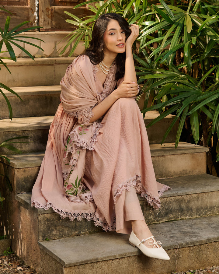 Fizz Beige Embroidered Cotton Crush Suit Set
