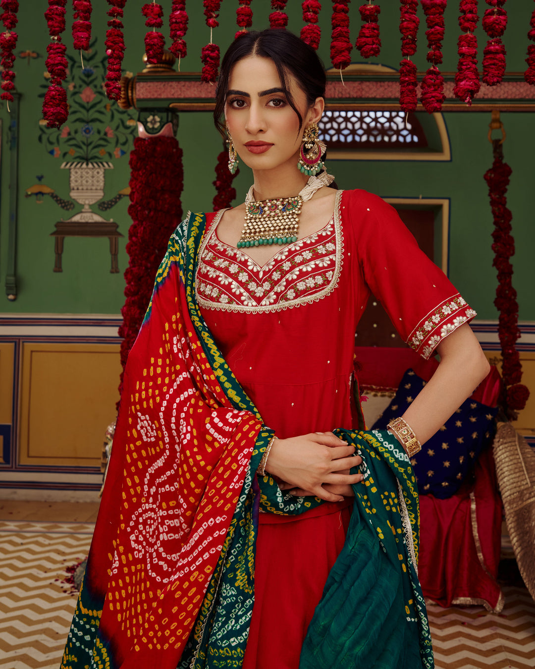 Anuroop Red Embroidered Chanderi Lehenga Set
