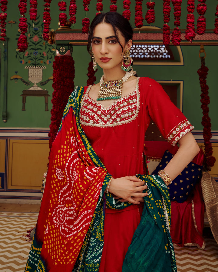 Anuroop Red Embroidered Chanderi Lehenga Set
