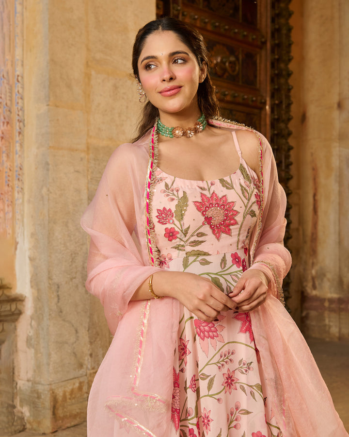 Belle Baby Pink Printed Viscose Organza Suit Set