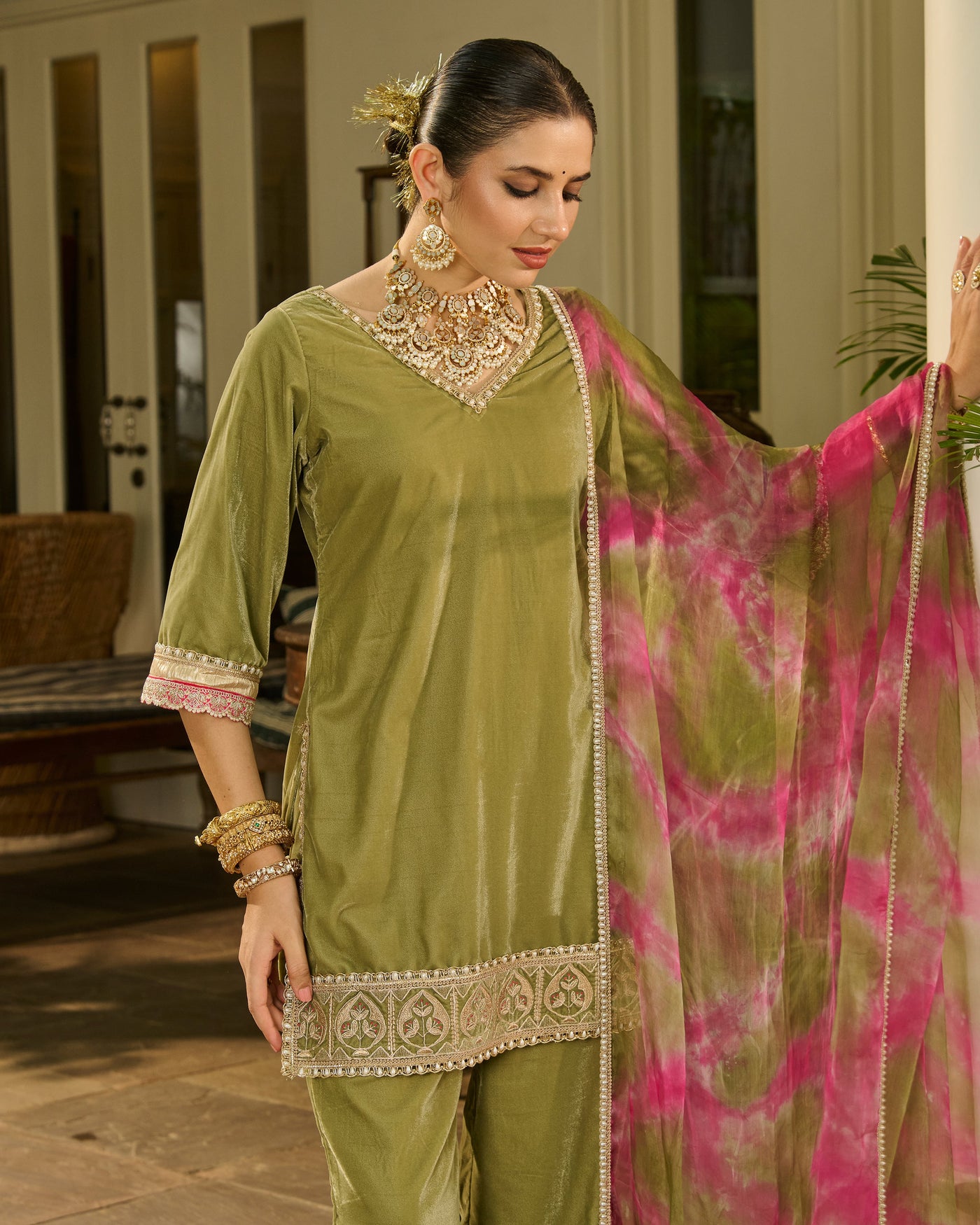 Aja Sage Green Embroidered Velvet Suit Set