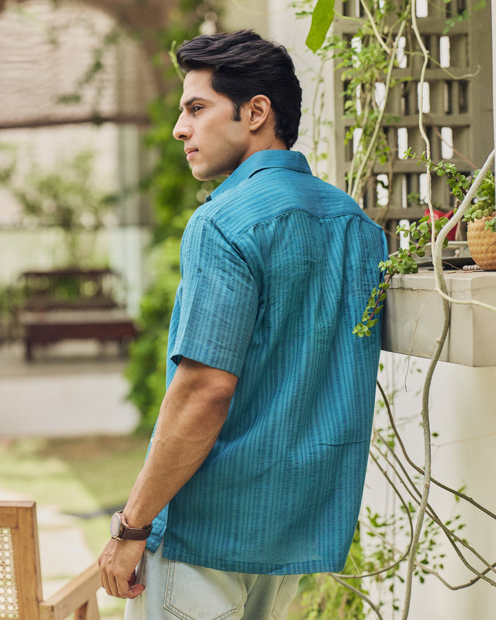 Mohan Teal Cotton Dobby Handpainted Shirt