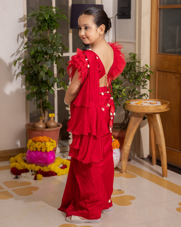 Roop Red Solid Crepe Pre Draped Saree