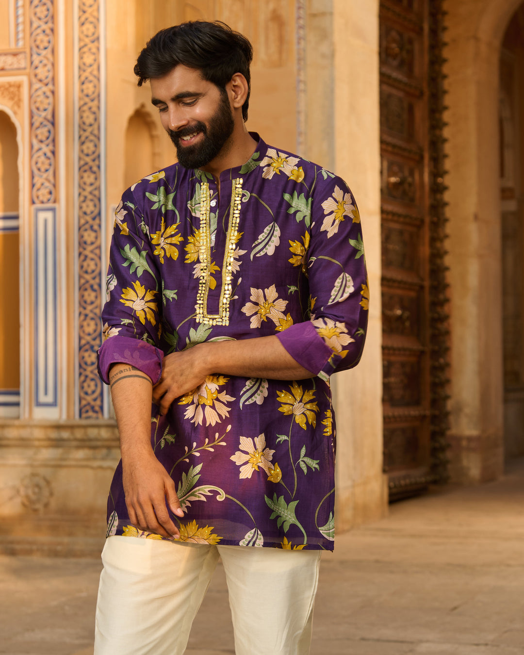 Yuvraj Purple Printed Chanderi Kurta
