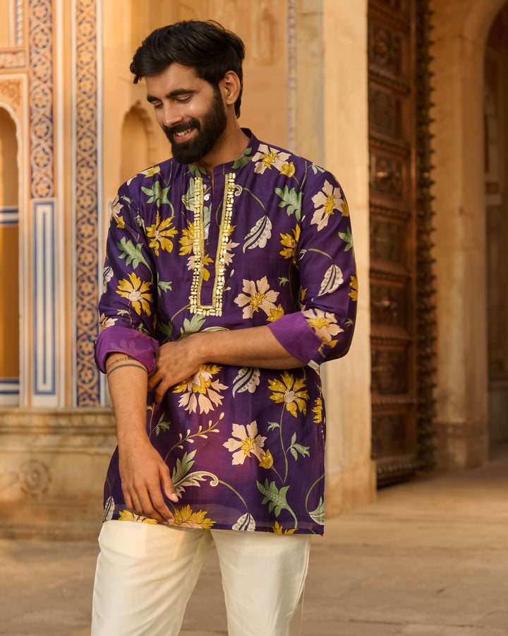 Yuvraj Purple Printed Chanderi Kurta