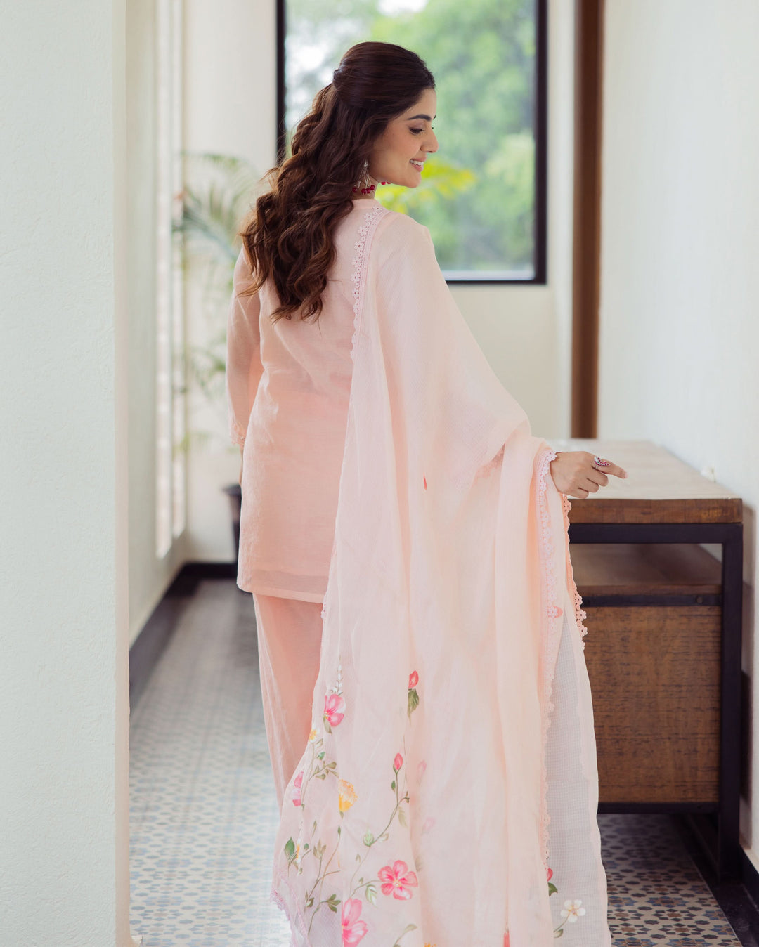 Milky Peach Handpainted Chanderi Suit Set