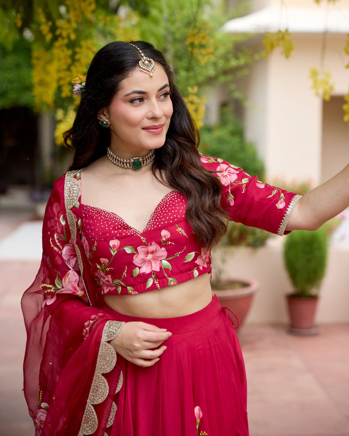 Gudhal Red Handpainted Crepe Lehenga Set