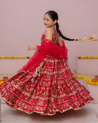 Nashra Red Printed Chanderi Lehenga Set