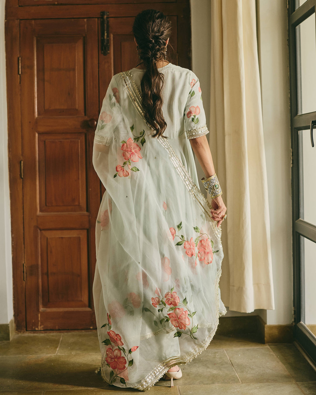 Varaz Blue Handpainted Viscose Organza Suit Set