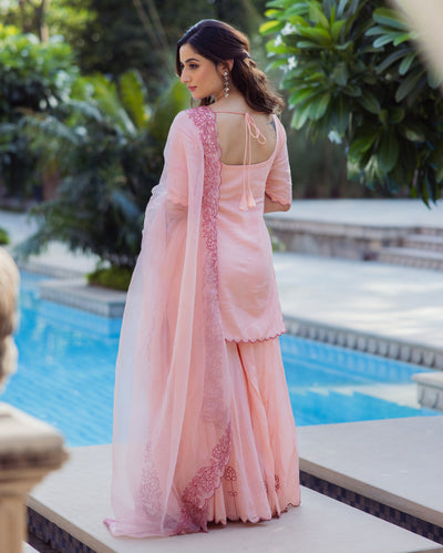 Lotus Charm Peach Embroidered Cotton Sharara Set