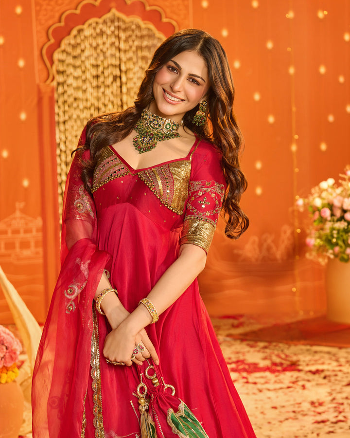 Kamalnayani Pink Embroidered Chanderi Aangi Suit Set