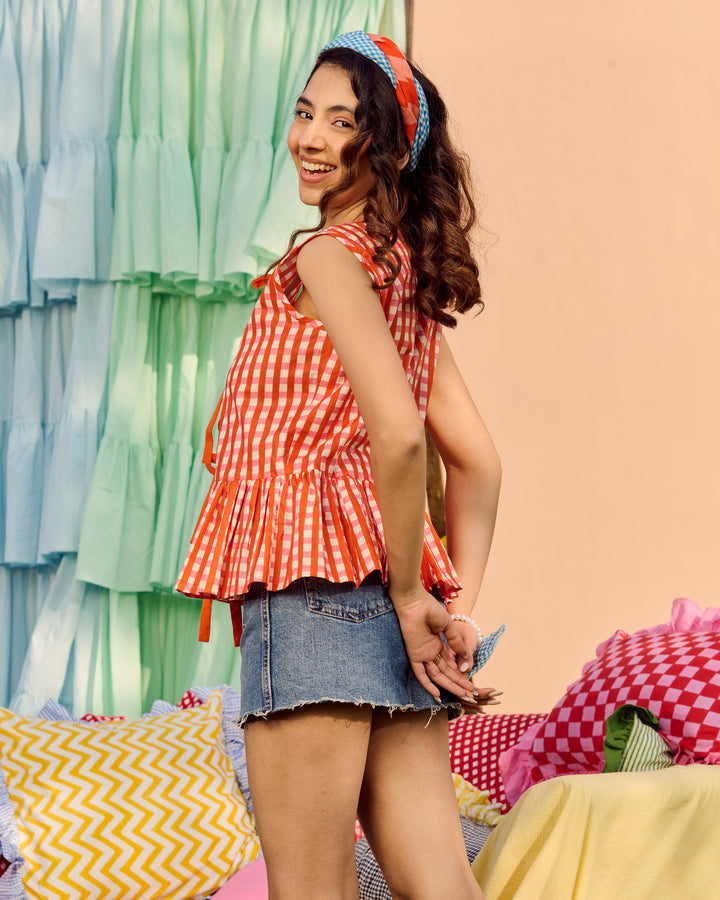 Nola Orange Cotton Checks Printed Top