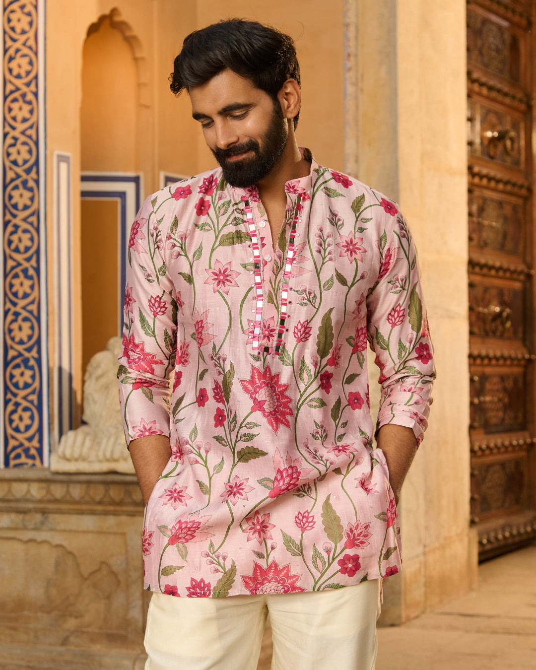 Anirudh Pink Printed Chanderi Kurta
