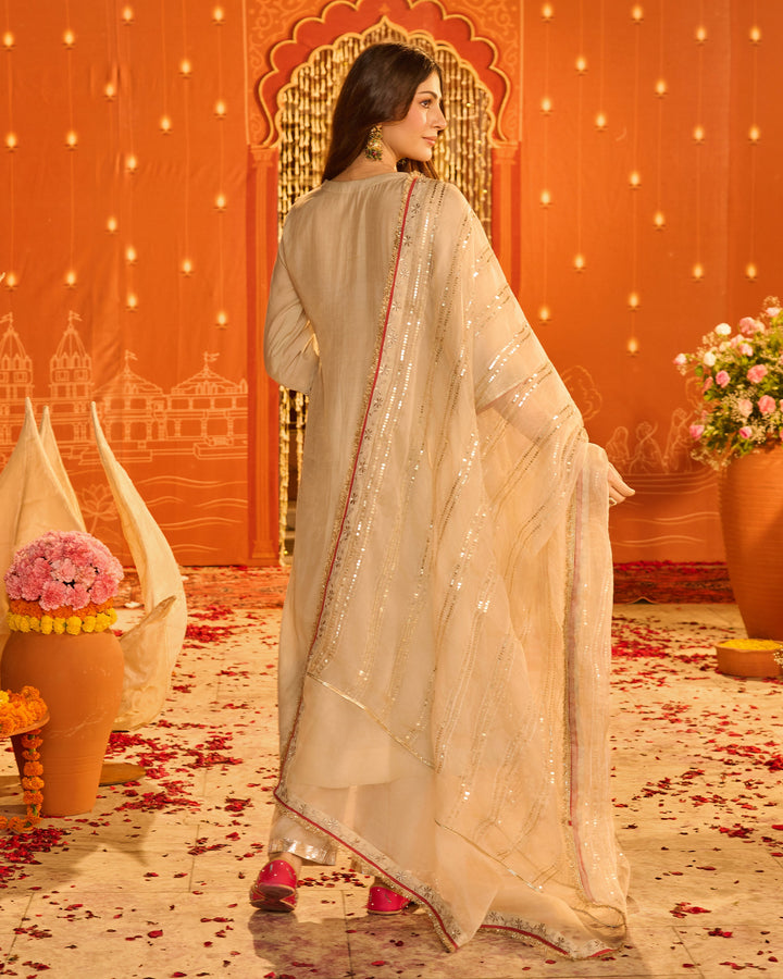 Jyotsna Beige Embroidered Chanderi Suit Set