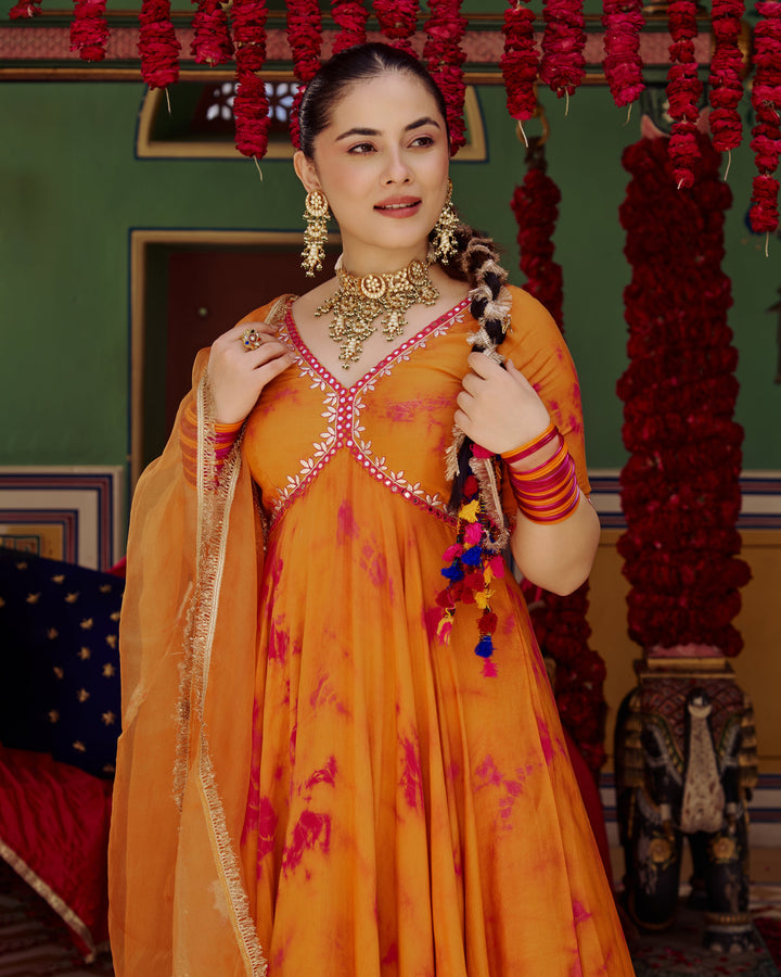 Sapna Orange Pink Tie Dye Muslin Suit Set