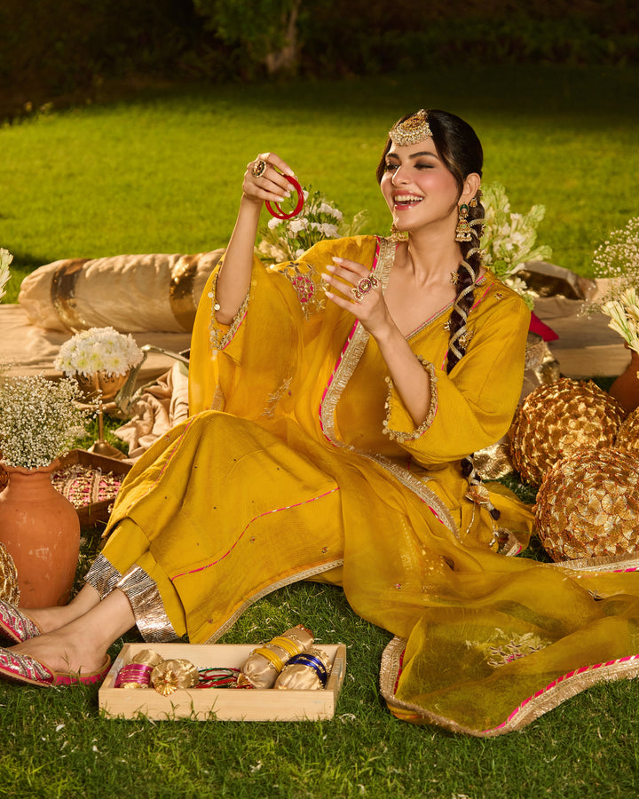 Agnira Mustard Embroidered Chanderi Suit Set