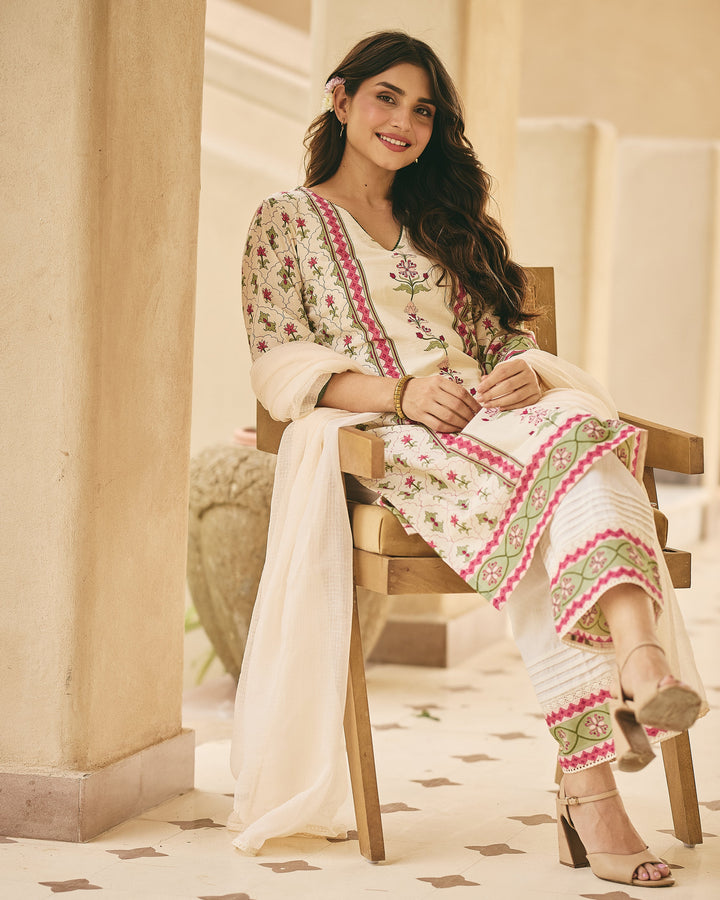Kaisan Beige Cotton Printed Suit Set