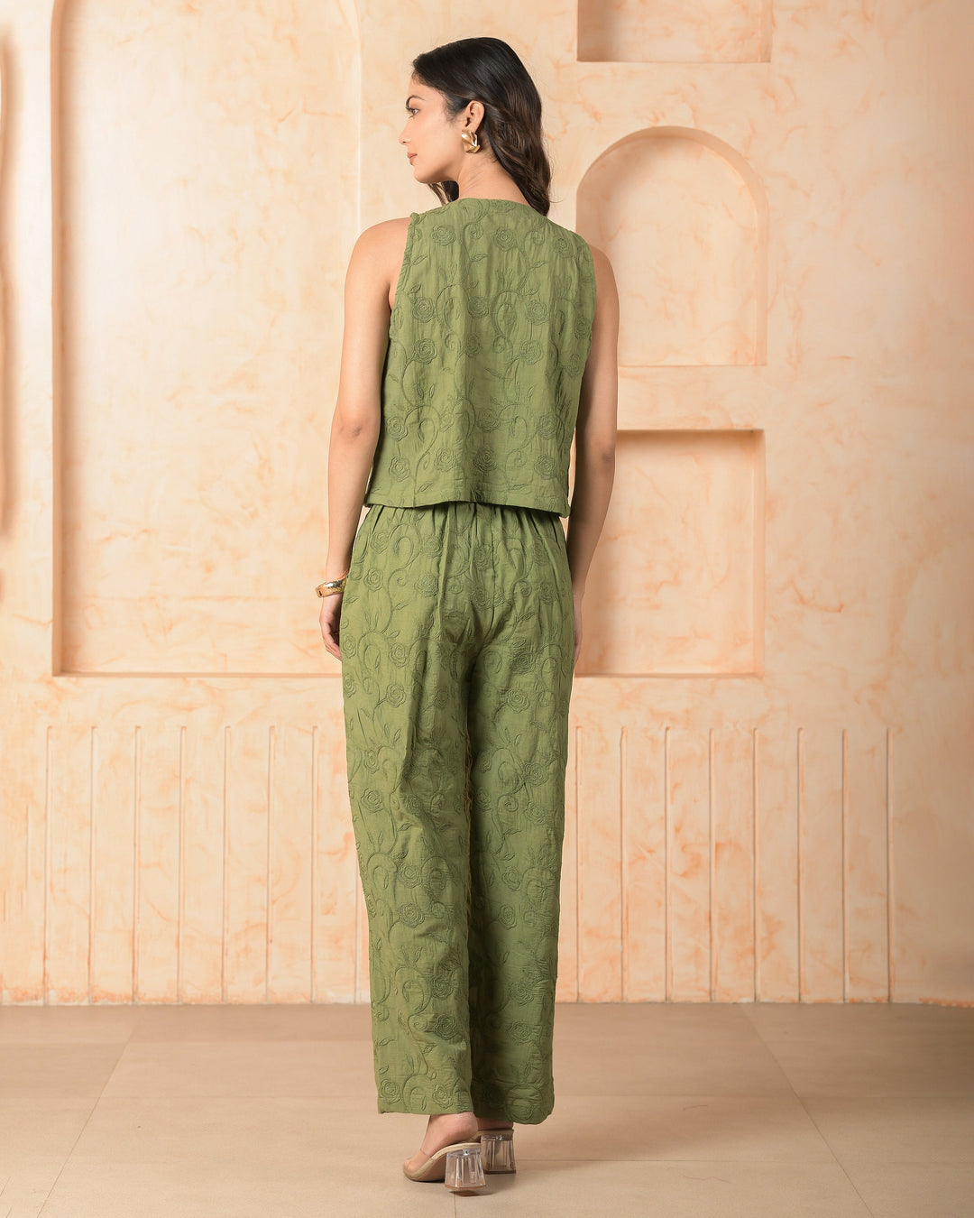 Tourmaline Olive Solid Cotton Schiffli Coord Set
