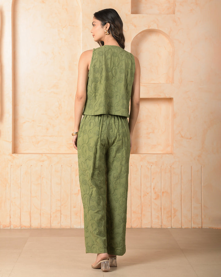 Tourmaline Olive Solid Cotton Schiffli Coord Set