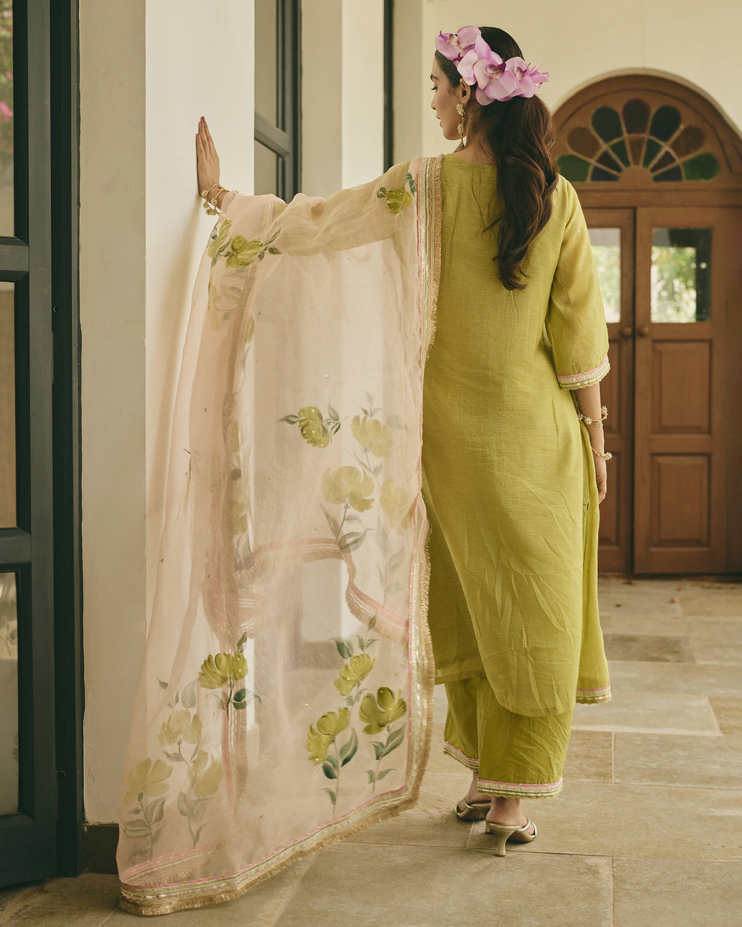 Kalvya Lime Green Handpainted Cotton Checks Suit Set