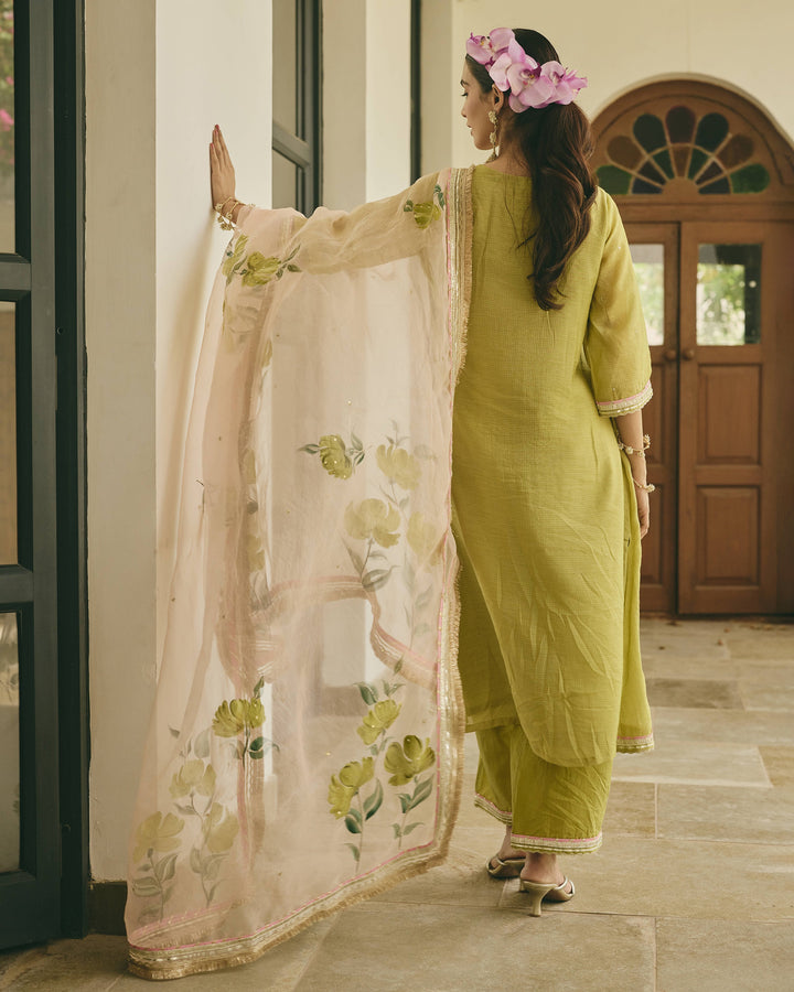 Kalvya Lime Green Handpainted Cotton Checks Suit Set