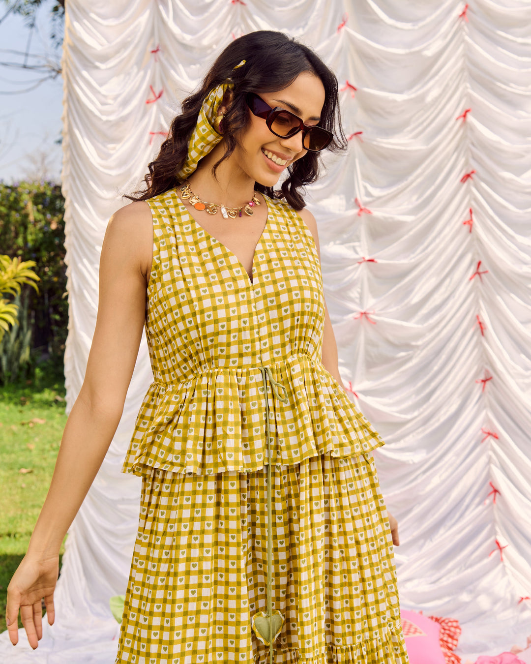 Emer Olive Cotton Checks Printed Dress