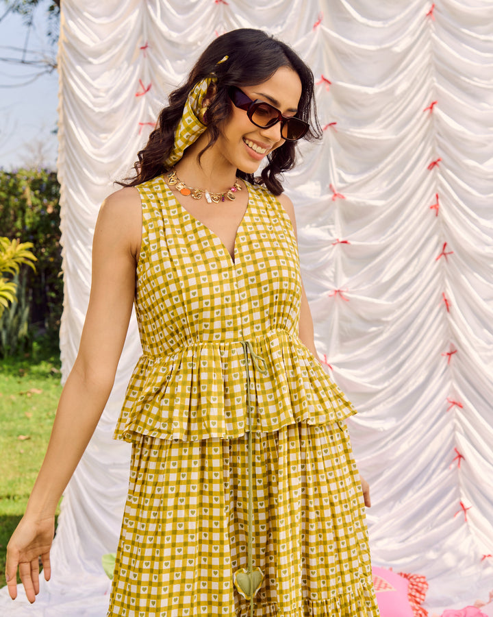 Emer Olive Cotton Checks Printed Dress