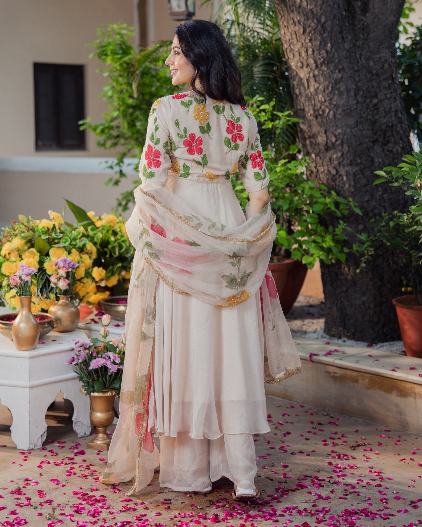 Harsinghar Beige Handpainted Viscose Organza Suit Set